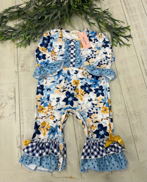 BLUE FLORAL AND GINGHAM RUFFLE ROMPER