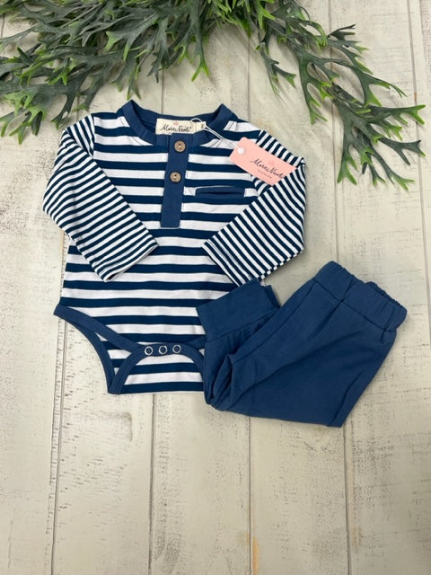 DOUBLE STRIPE POCKET HENLEY ROMPER OUTFIT BLUE AND WHITE