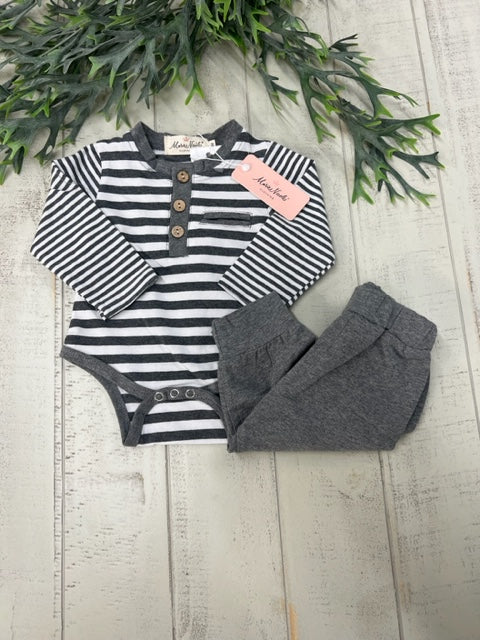 DOUBLE STRIPE POCKET HENLEY ROMPER OUTFIT GREY AND WHITE