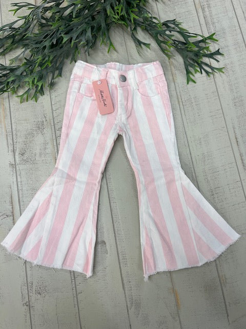 PINK AND WHITE STRIPED BELL DENIM PANTS